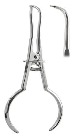 Kleszcze White do koferdamu – długość 17 cm, stal nierdzewna, ergonomiczne narzędzie stomatologiczne do zakładania klamer, widok z profilu z precyzyjnymi końcówkami.