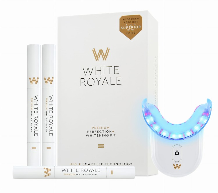 Zestaw Cavex White Royale Premium Perfection – nakładka LED i trzy aplikatory z żelem wybielającym 6% H₂O₂ do domowego wybielania zębów.
