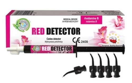 Strzykawka RED DETECTOR z preparatem do wykrywania próchnicy oraz jednorazowe aplikatory z pędzelkiem