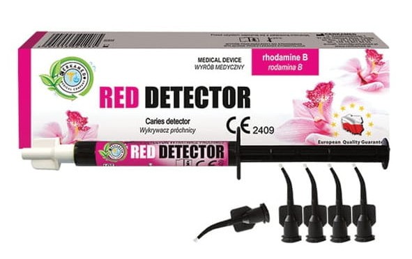 Strzykawka RED DETECTOR z preparatem do wykrywania próchnicy oraz jednorazowe aplikatory z pędzelkiem