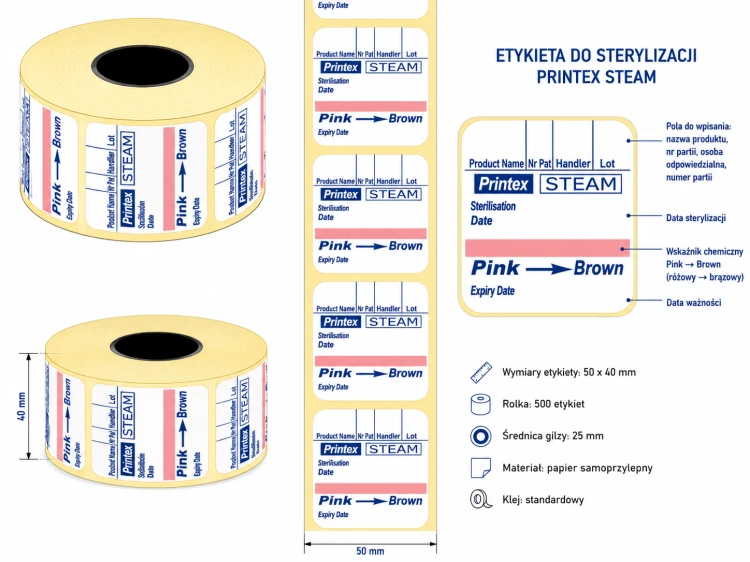 Etykieta dwukrotnie samoprzylepne ze wskaźnikiem sterylizacji parowej PRINTEX