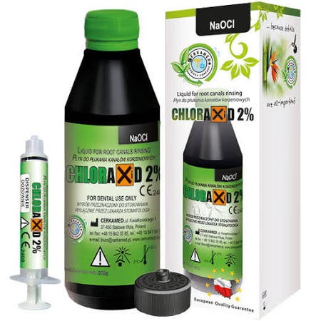 Chloraxid 2% – butelka z adapterem i dozownikiem, płyn do płukania kanałów korzeniowych, oparty na podchlorynie sodu