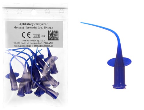 Zestaw 10 niebieskich elastycznych aplikatorów stomatologicznych do past i kremów. Jednorazowe, giętkie końcówki zapewniają precyzyjne nanoszenie materiału.