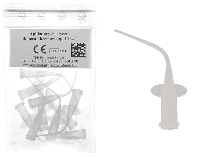 Zestaw 10 przezroczystych aplikatorów stomatologicznych do past i kremów. Elastyczne końcówki zapewniają precyzyjne i higieniczne nakładanie preparatów.